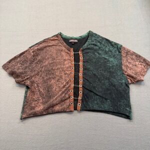 LoveLove Top Women Small Grunge Acid Wash Safety Pin Grommet Cropped Green Brown